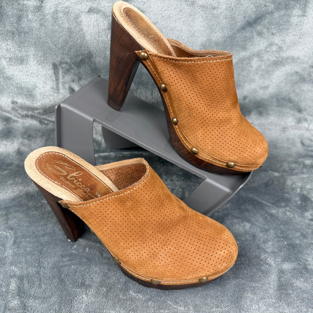 SBICCA Women's Tan Brown Perforated Leather Wood Heel Clog Mule Shoes Size 9